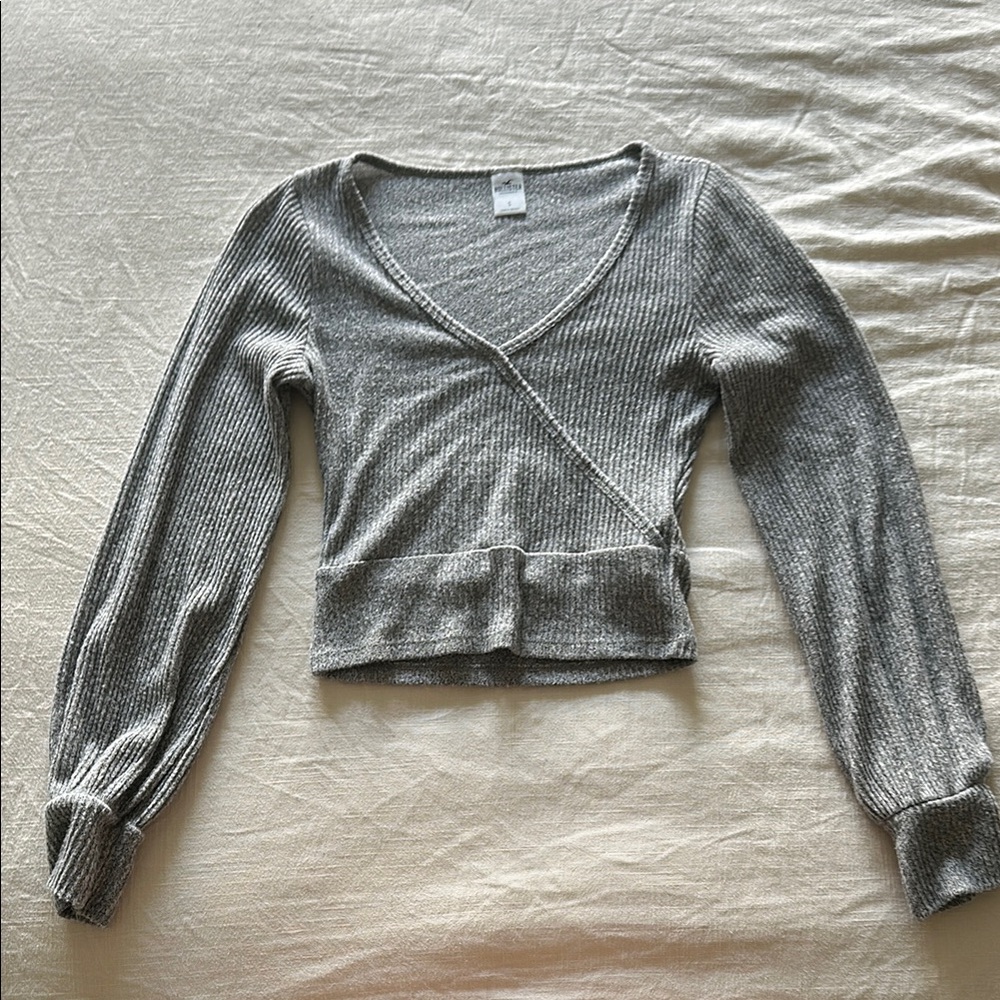 Gray Ribbed Wrap Sweater